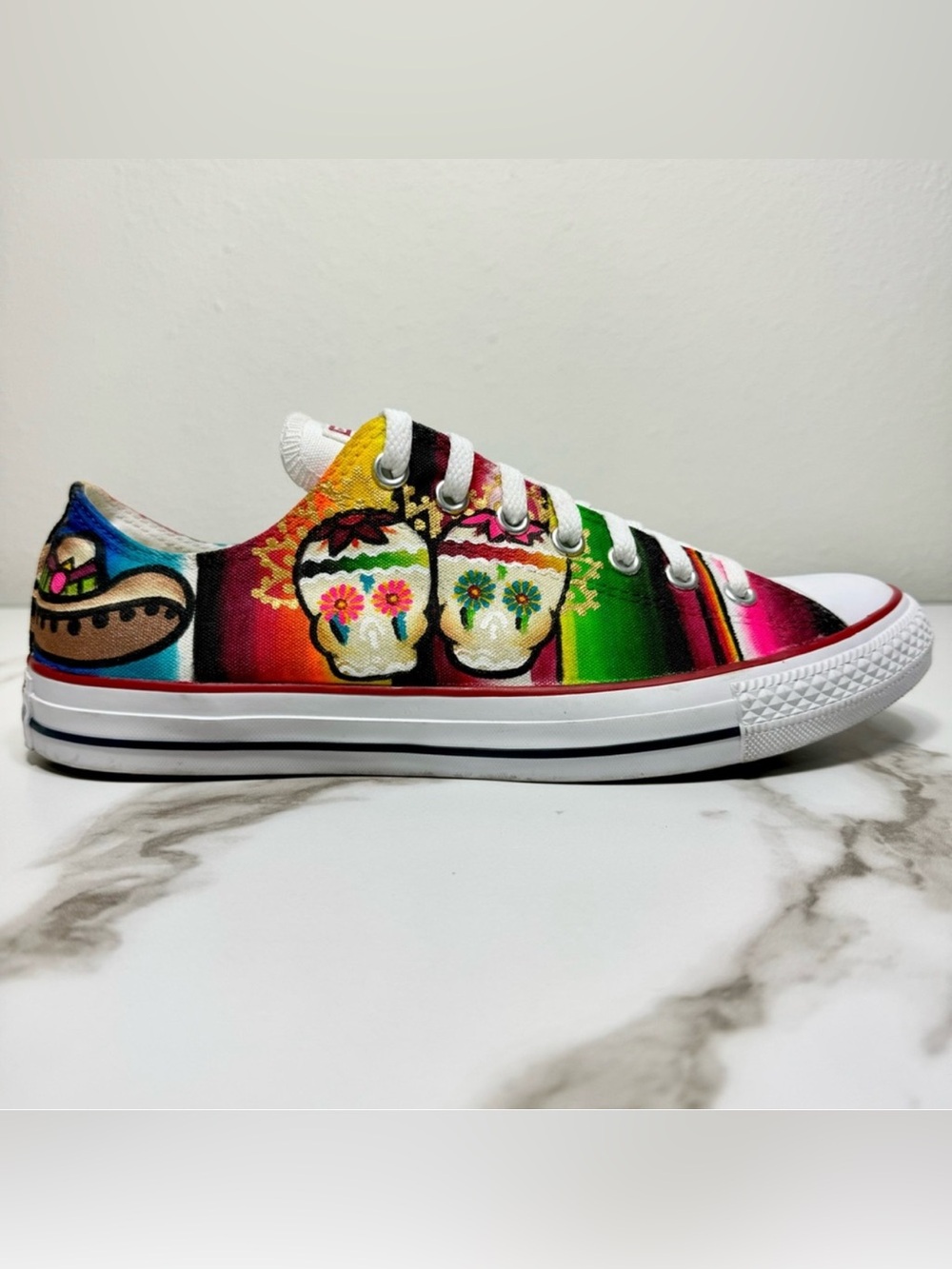 Converse Custom Hand Painted Skull Oaxaca Mexico Unique Vibrant Red Blue Sneaker